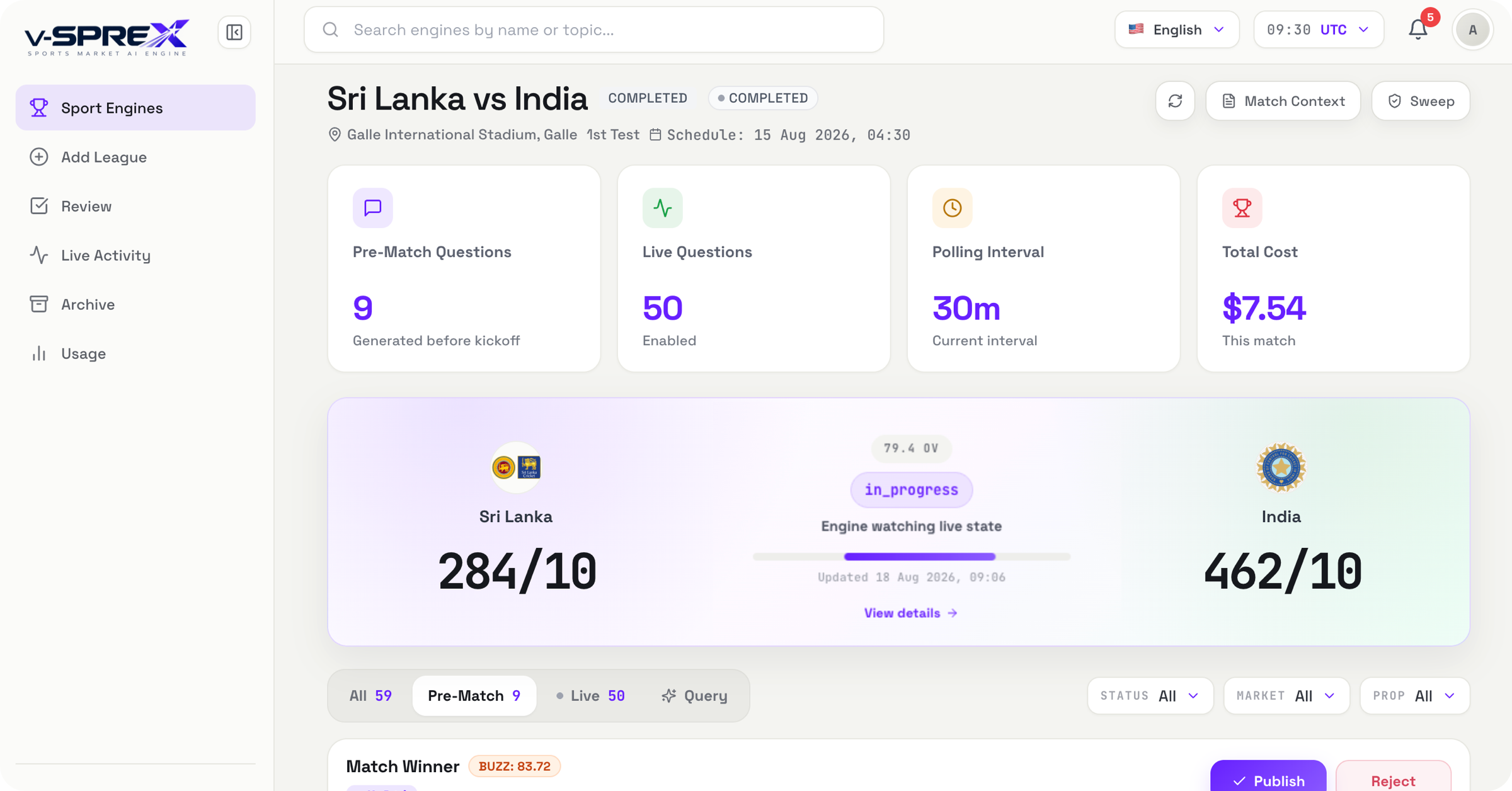 V-Sprex engine watching a live Sri Lanka vs India match